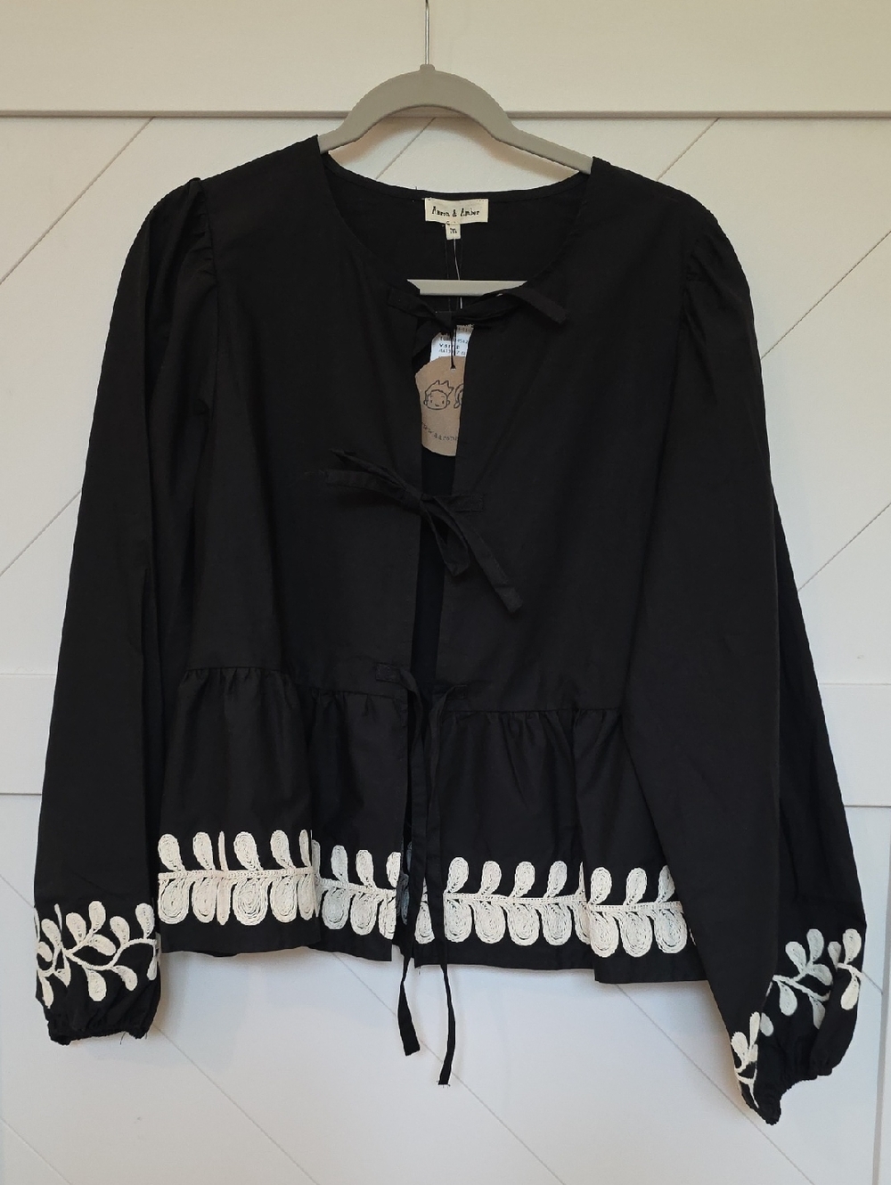 Black Embroidered Tie-Front Peasant Blouse